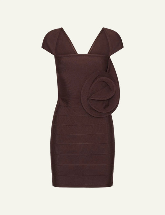 Women's Rotate Rose Cap Sleeve mini dress in dark brown with decorative rose detail