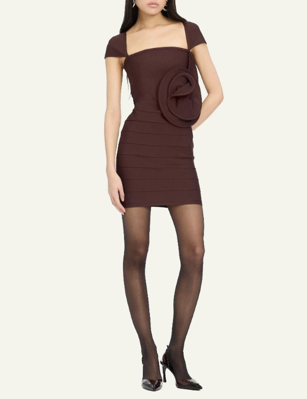Women's Rotate Rose Cap Sleeve mini dress in dark brown with decorative rose full body