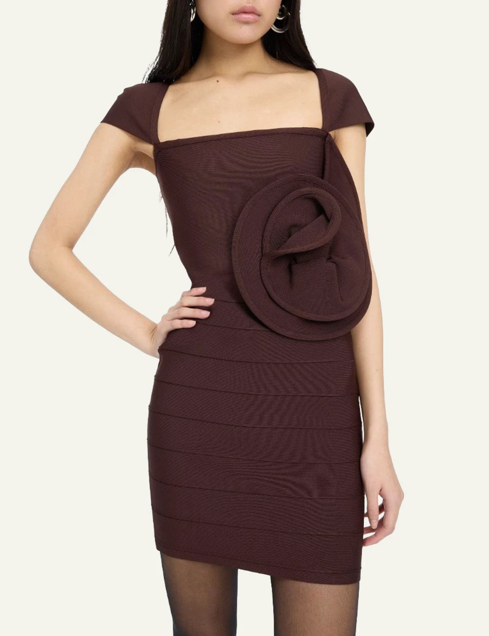 Women's Rotate Rose Cap Sleeve mini dress in dark brown with decorative rose model