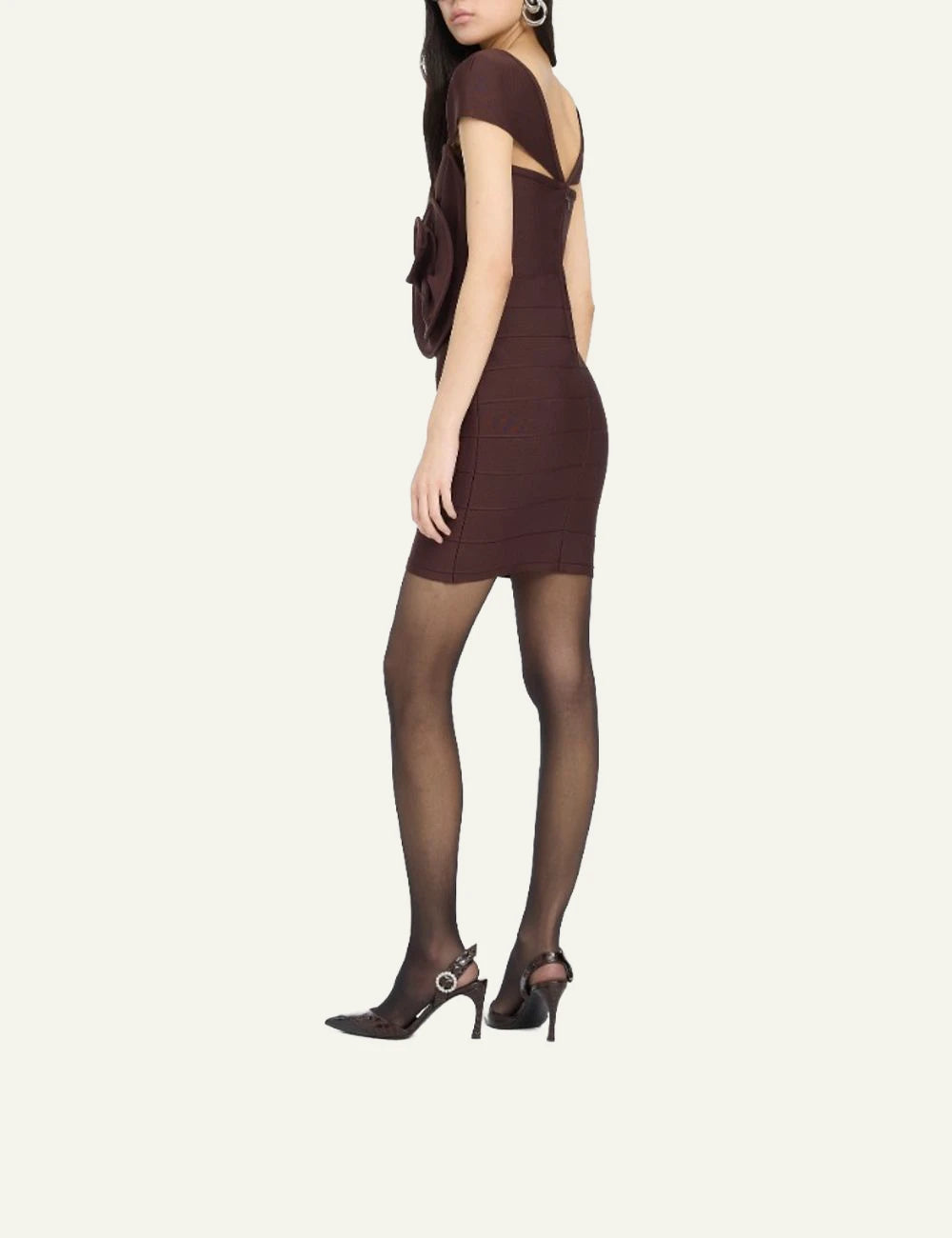 Women's Rotate Rose Cap Sleeve mini dress in dark brown with decorative rose back