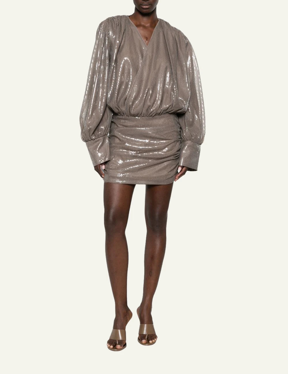 Women's Rotate taupe brown sequin mini dress with V-neck and balloon sleeves