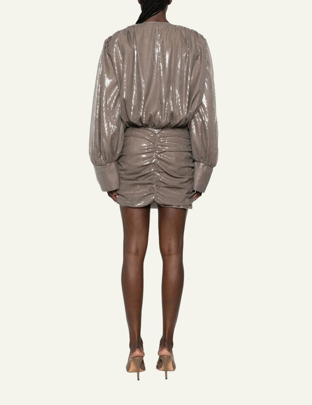 Women's Rotate taupe brown sequin mini dress with V-neck and balloon sleeves back