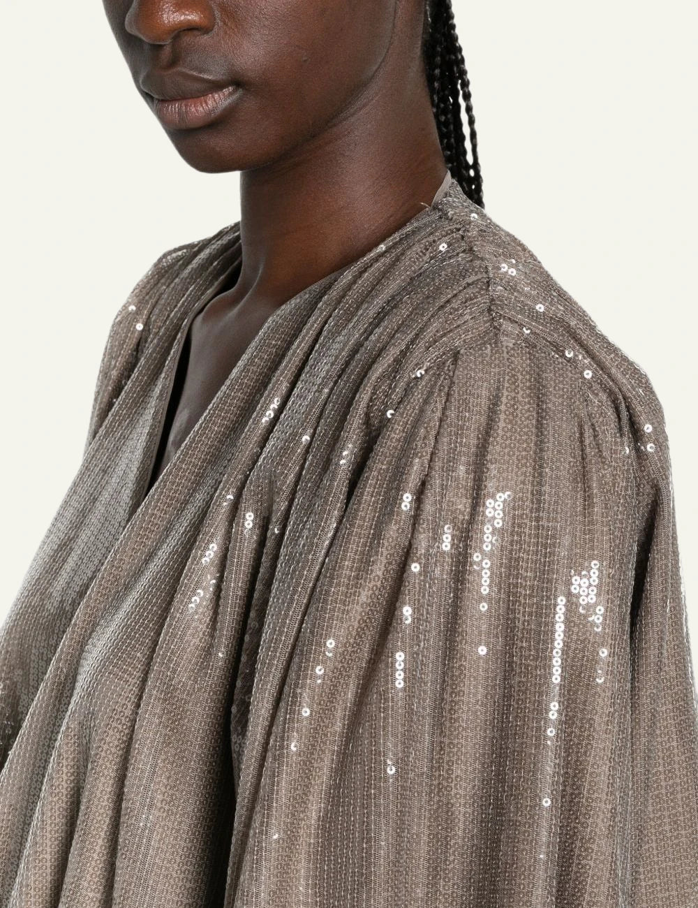 Women's Rotate taupe brown sequin mini dress with V-neck and balloon sleeves detail