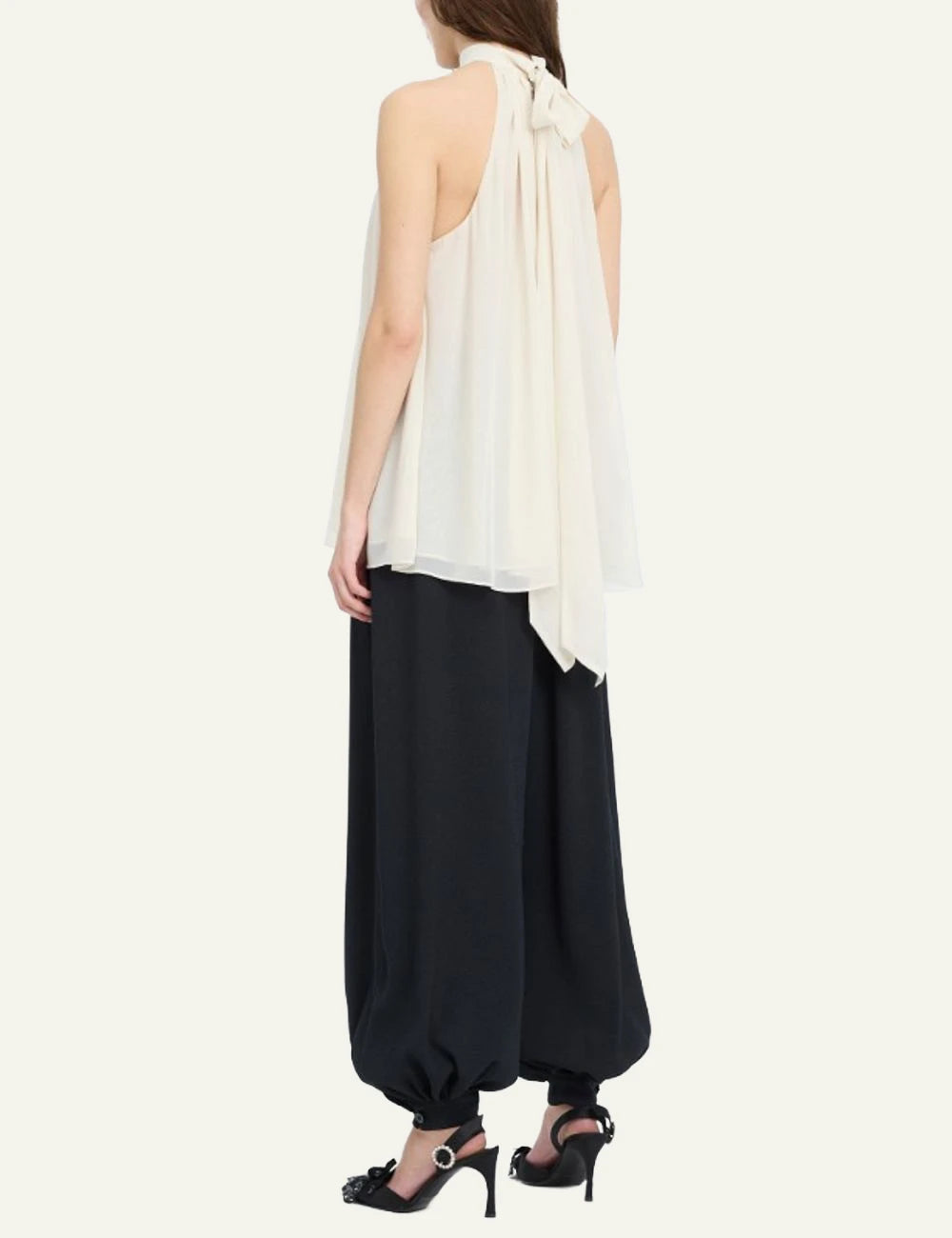 Women's Rotate white halterneck top with bow tie and draped silhouette back