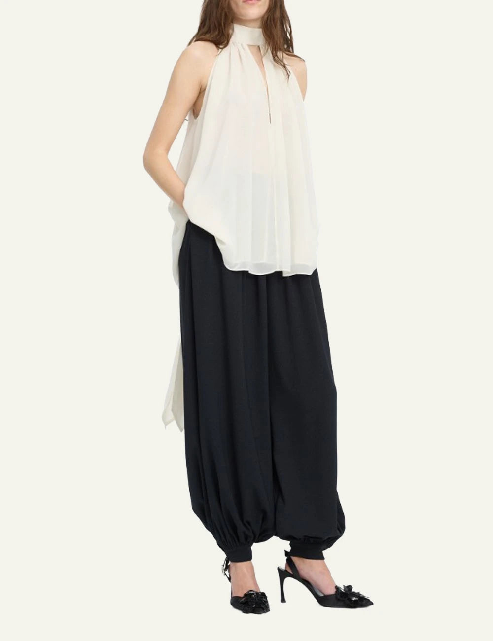 Women's Rotate white halterneck top with bow tie and draped silhouette full 