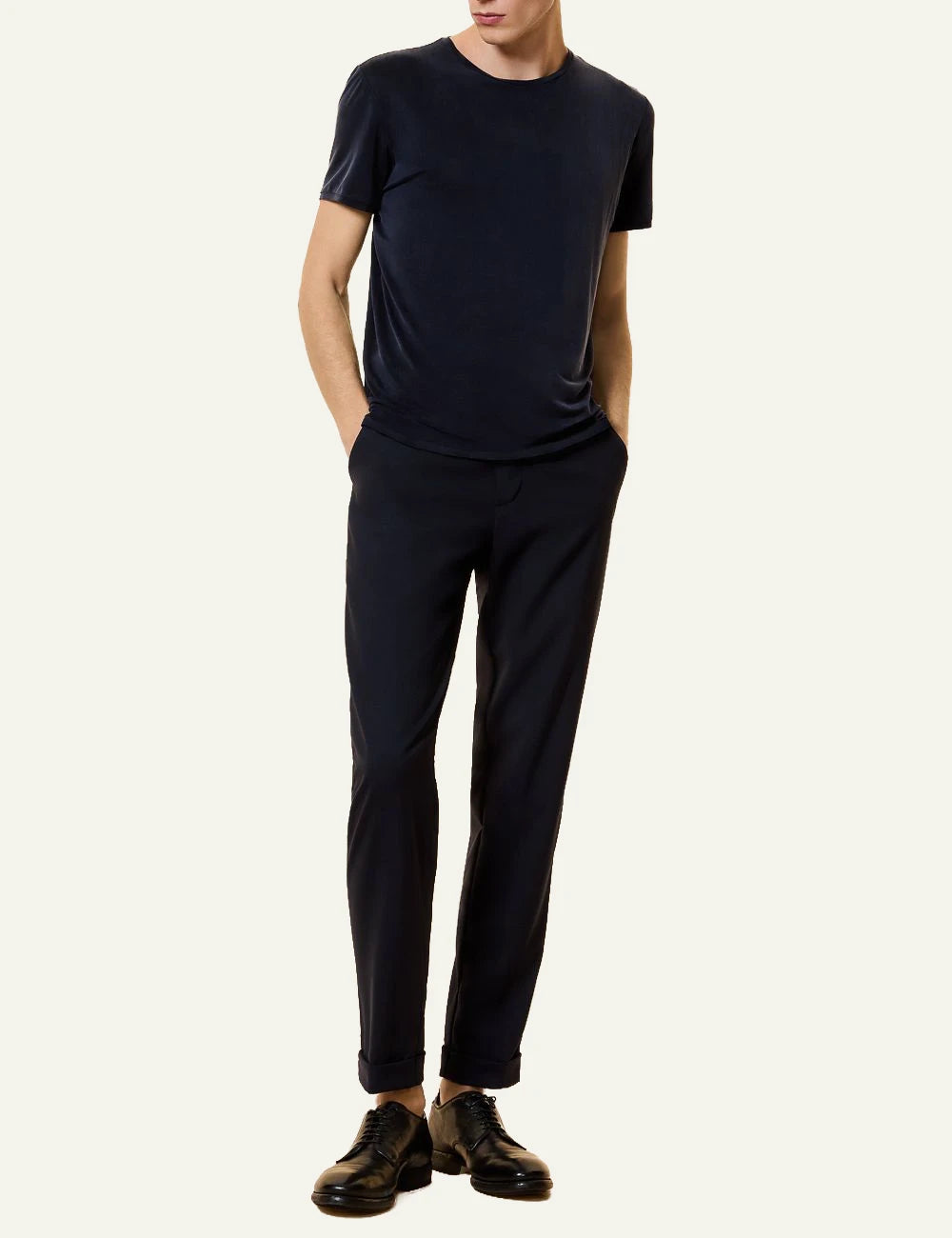 rrd cupro t-shirt navy minimal short sleeve front full body view