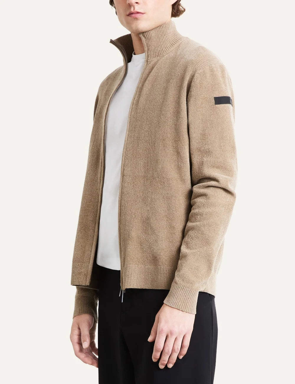 RRD men's beige chenille full zip cardigan side