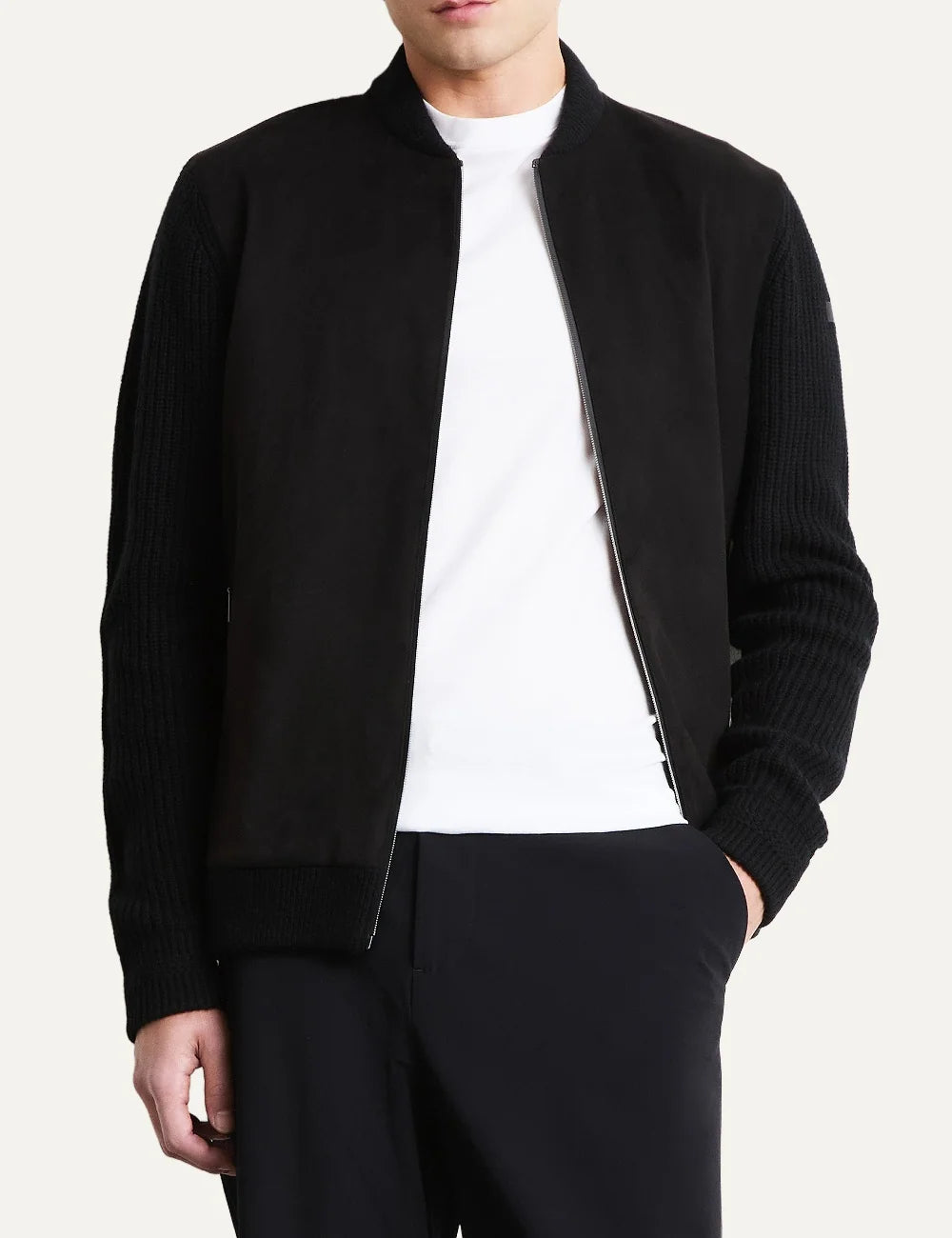 RRD men's black eco suede and wool cashmere bomber jacket