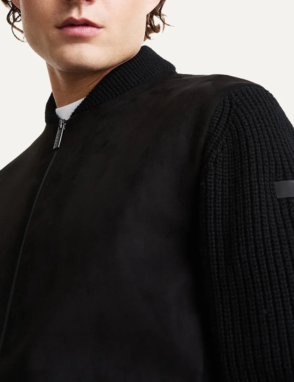 RRD men's black eco suede and wool cashmere bomber jacket detail