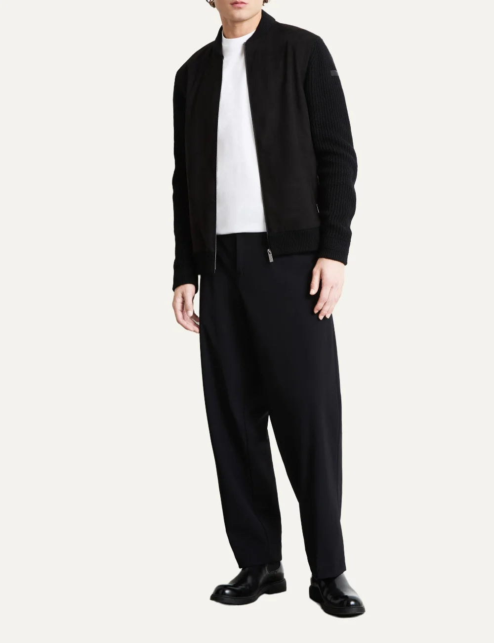 RRD men's black eco suede and wool cashmere bomber jacket full body