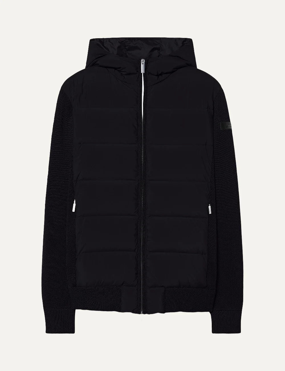 RRD men's black hybrid down hooded jacket with knit sleeves