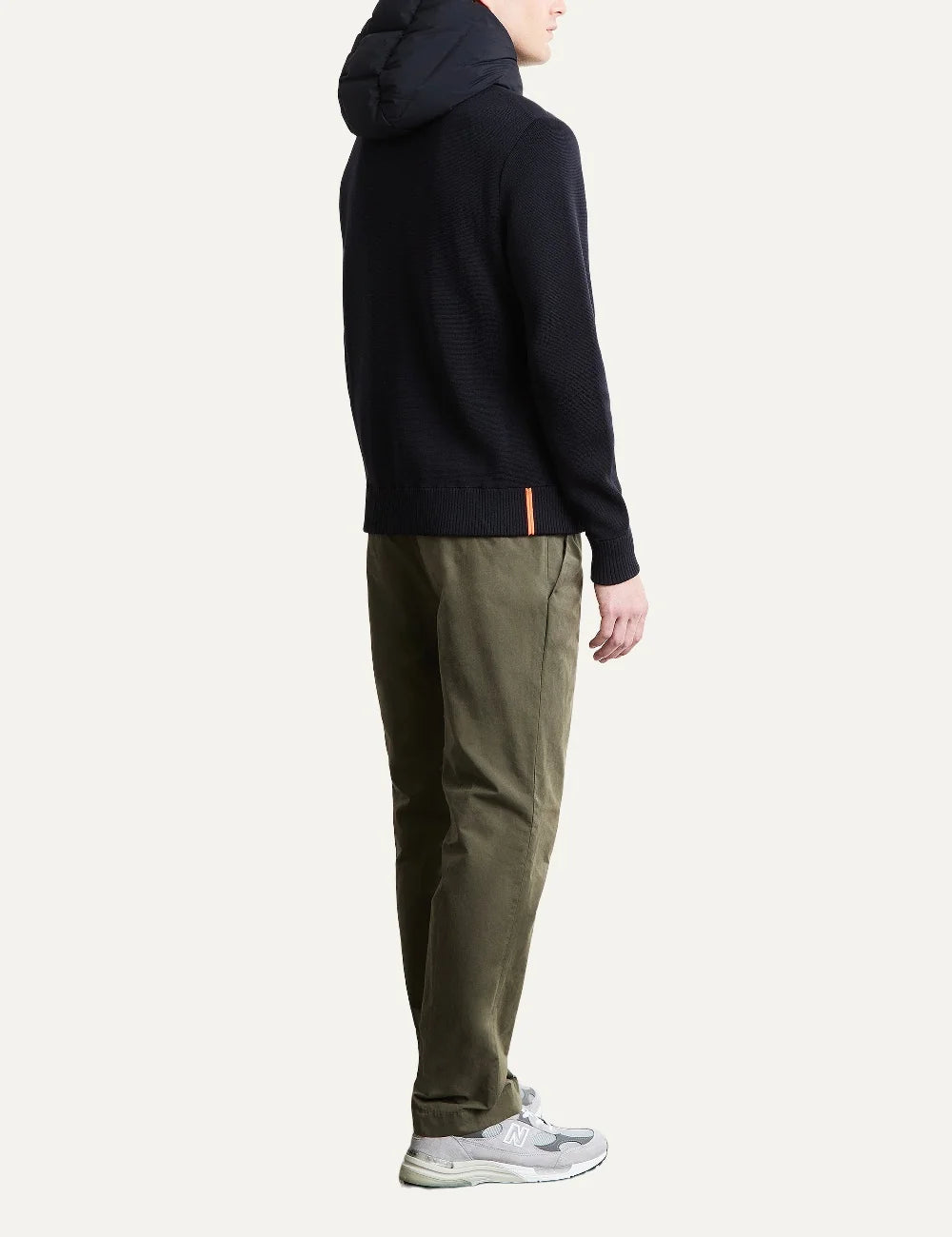 RRD men's black hybrid down hooded jacket with knit sleeves back