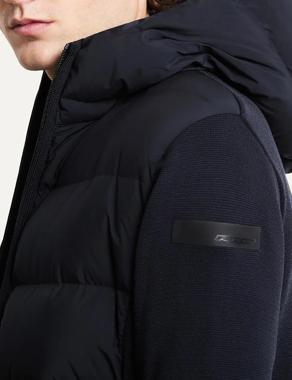 RRD men's black hybrid down hooded jacket with knit sleeves side