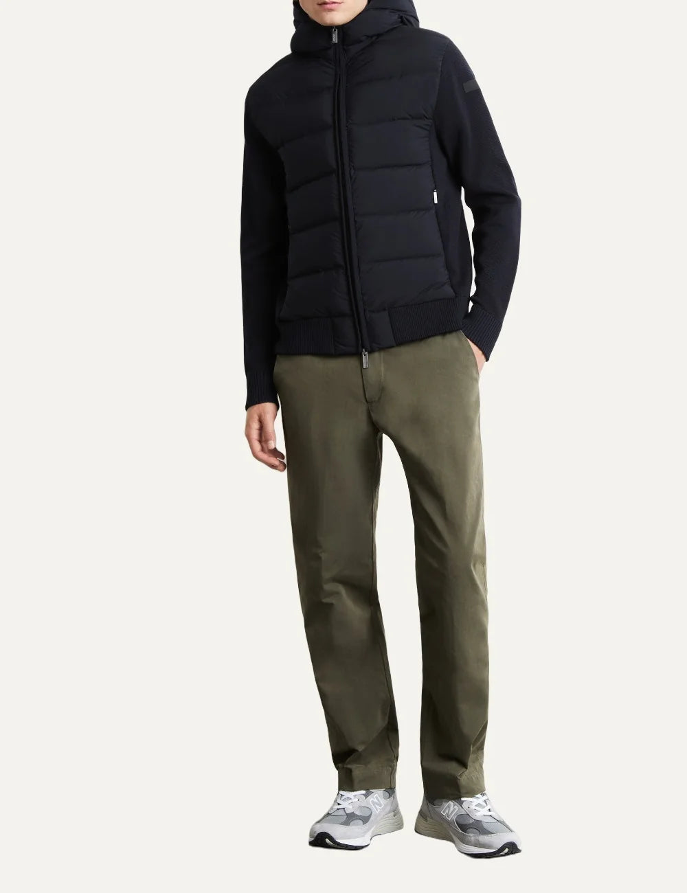 RRD men's black hybrid down hooded jacket with knit sleeves full body
