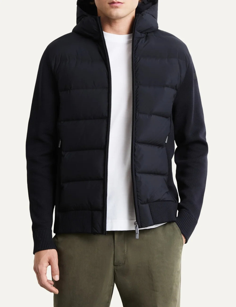 RRD men's black hybrid down hooded jacket with knit sleeves model
