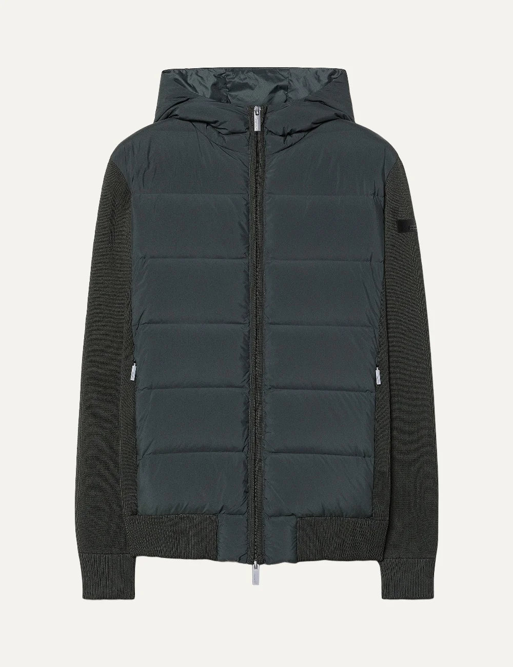 RRD men's dark grey hybrid down hooded jacket with knit sleeves 
