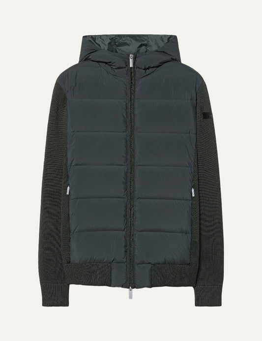 RRD men's dark grey hybrid down hooded jacket with knit sleeves 