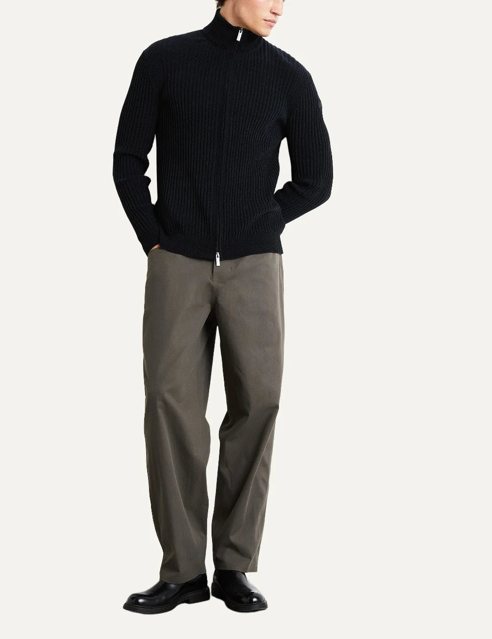 RRD men's dark grey ribbed full zip knit cardigan full body