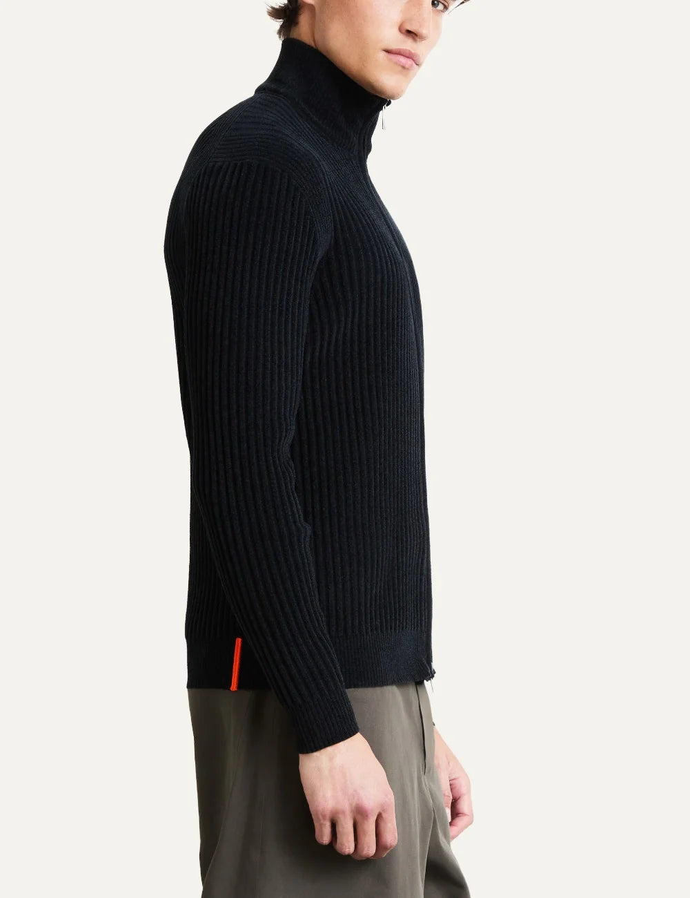 RRD men's dark grey ribbed full zip knit cardigan detail side
