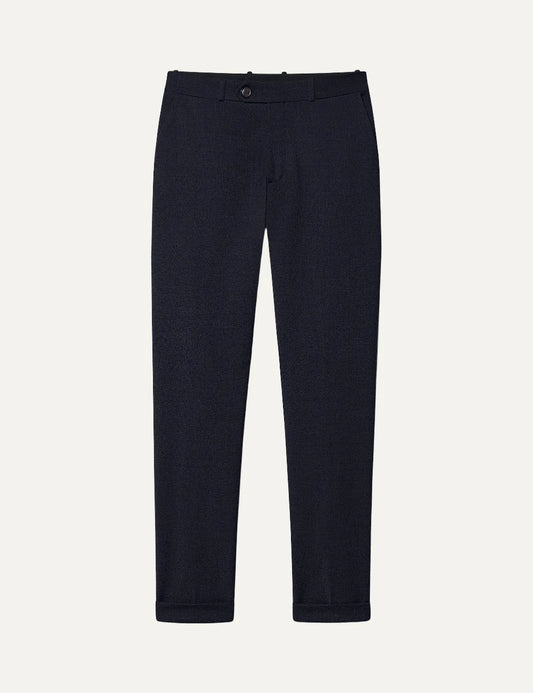 RRD men's dark navy stretch technical wool chino trousers with slim fit and cuffed hems