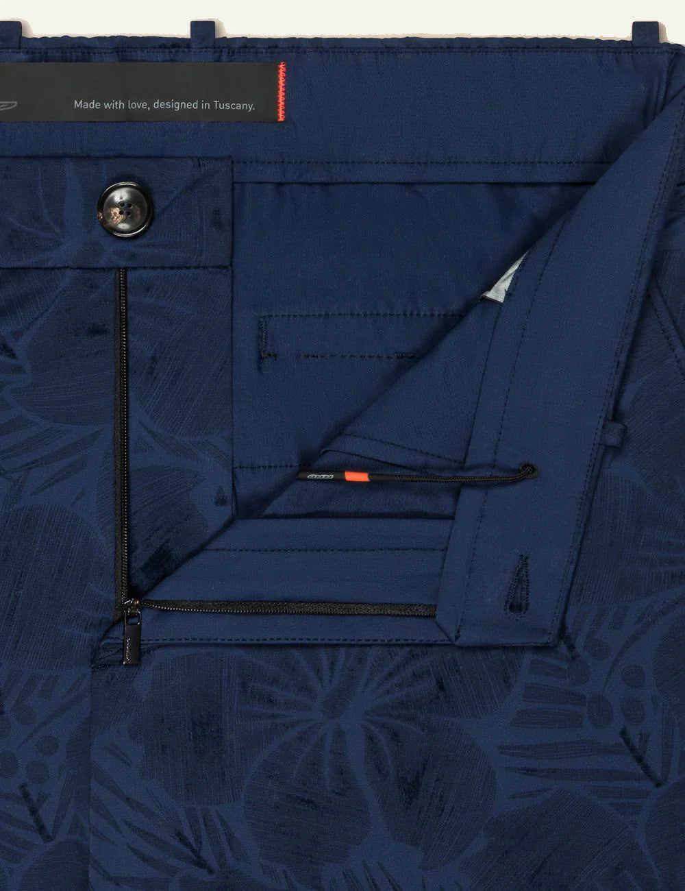 rrd velvetflex hibiscus chino bermuda blue black floral print front detail view