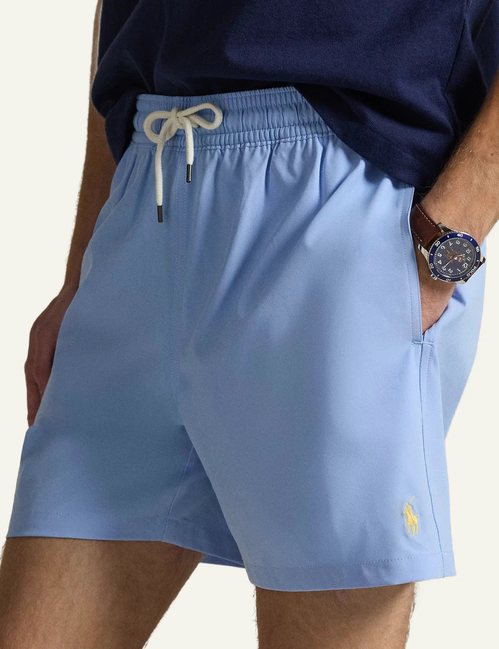 polo ralph lauren light blue swim shorts classic fit pony logo side view