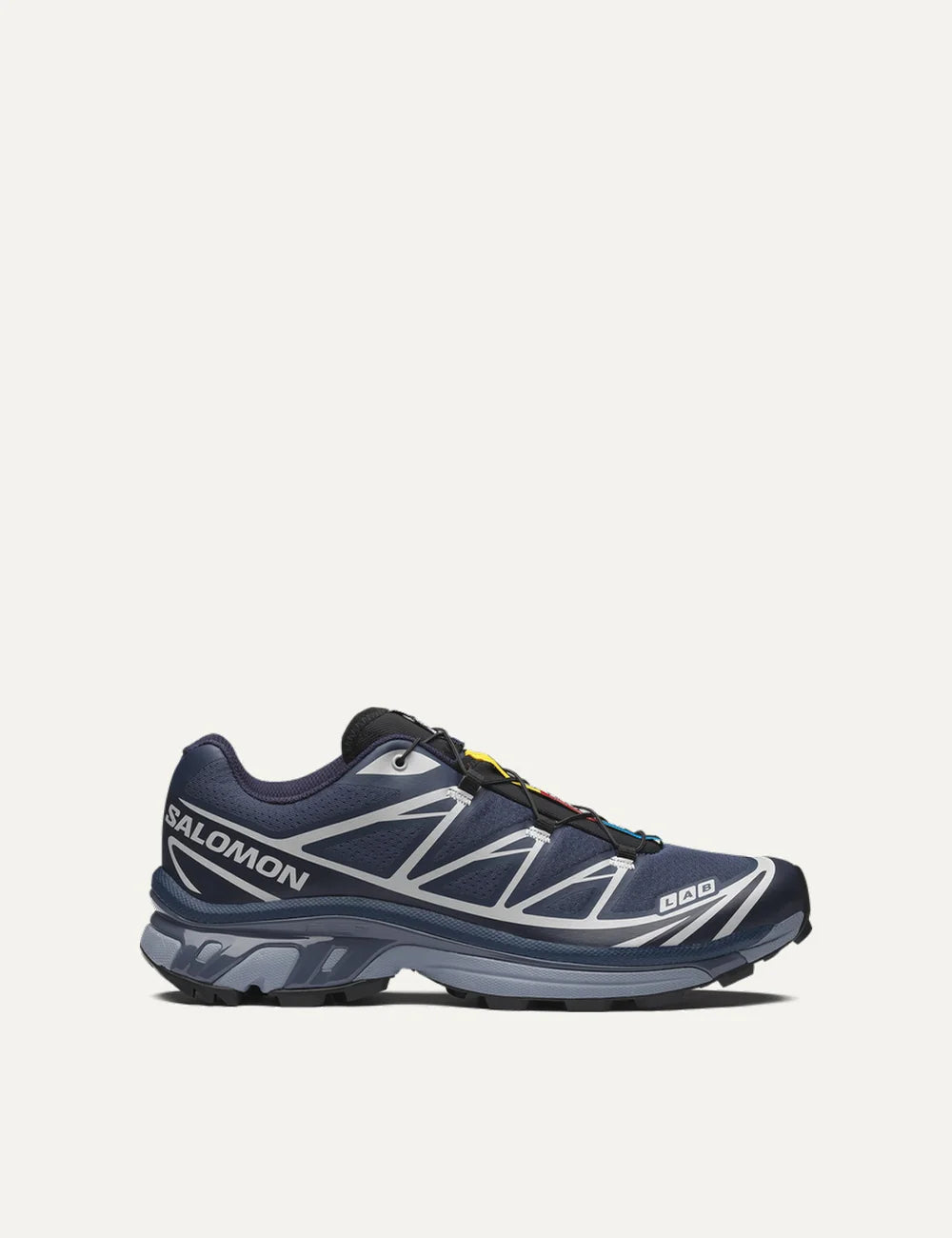 Salomon men XT-6 dark blue sneakers with silver and white details side view