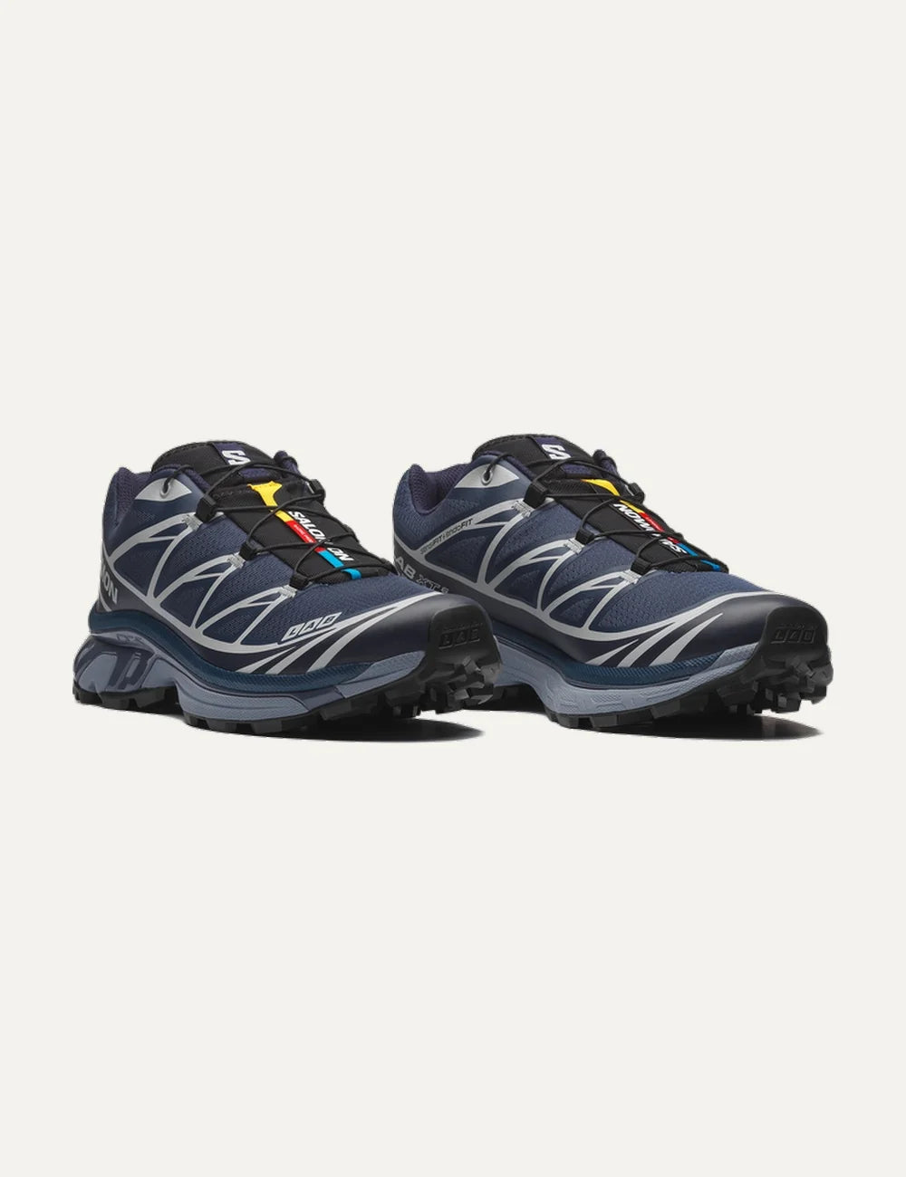 Salomon men XT-6 dark blue sneakers with silver and white details front angle view