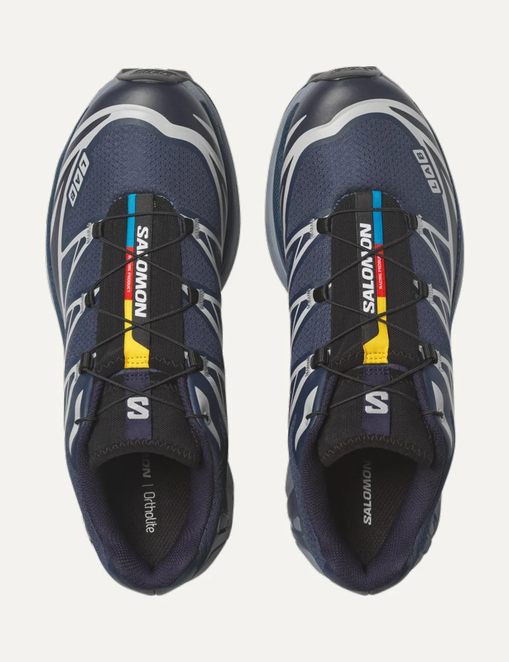 Salomon men XT-6 dark blue sneakers with silver and white details top view