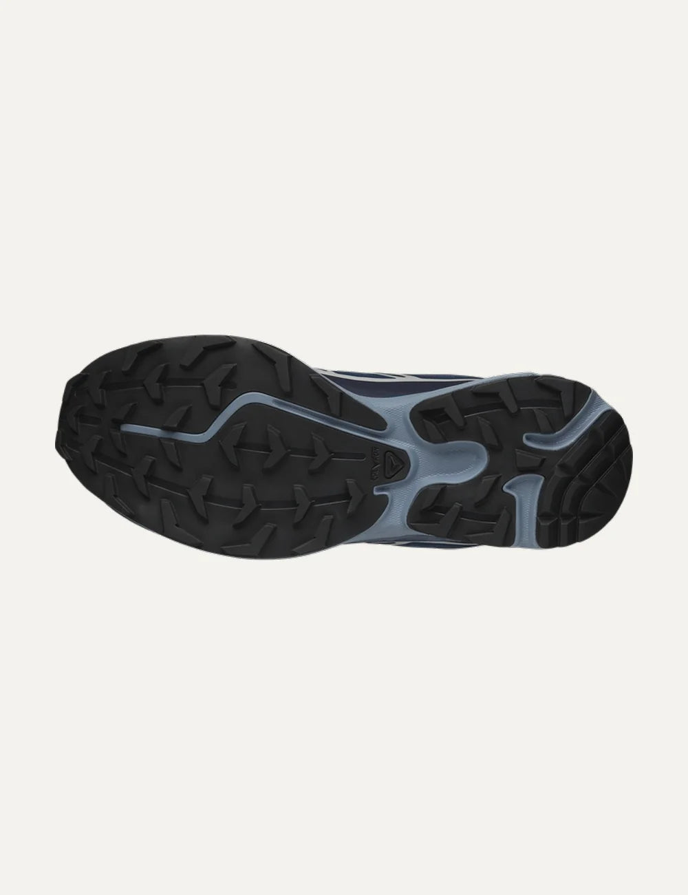 Salomon men XT-6 dark blue sneakers with silver and white details sole view