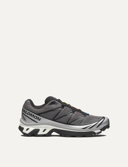 Salomon men XT-6 grey sneakers with black and white details side view