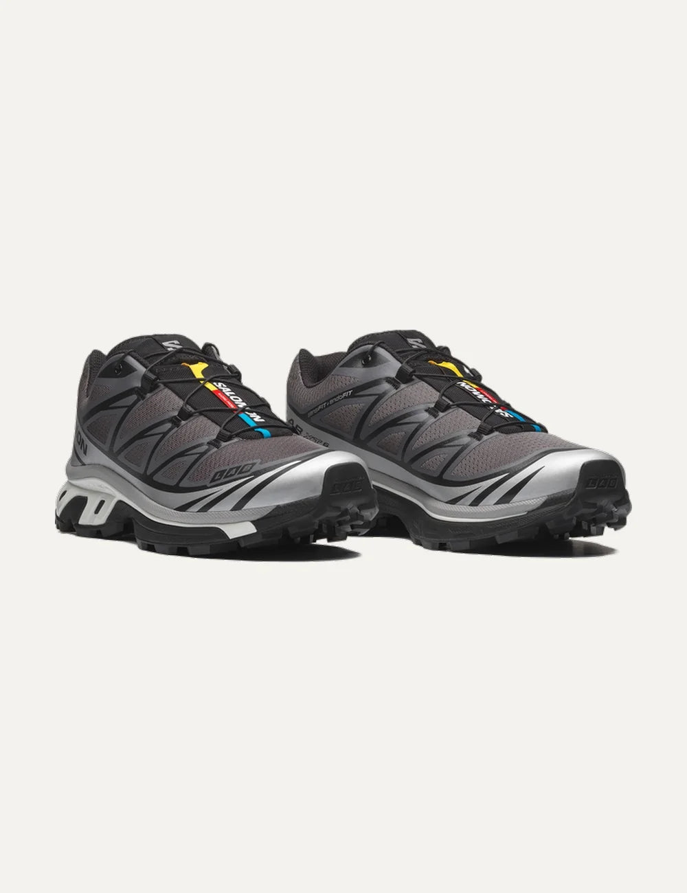 Salomon men XT-6 grey sneakers with black and white details front angle view