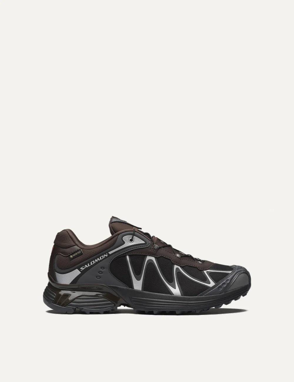 Salomon men XT-Whisper Gore-Tex black and dark brown sneakers with silver details side view