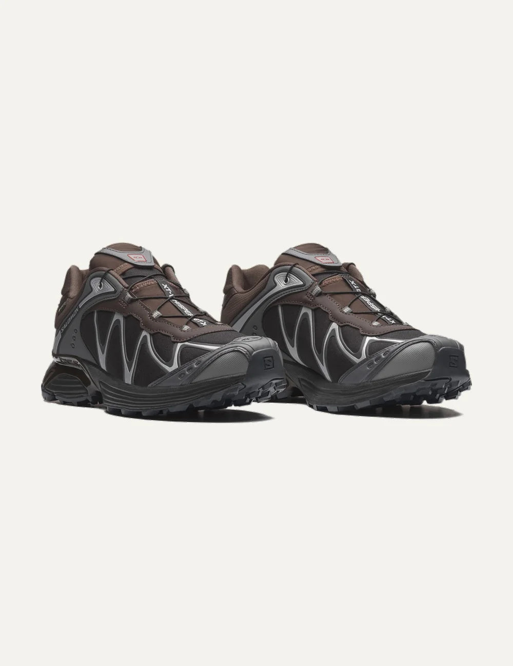 Salomon men XT-Whisper Gore-Tex black and dark brown sneakers with silver details pair front angle view