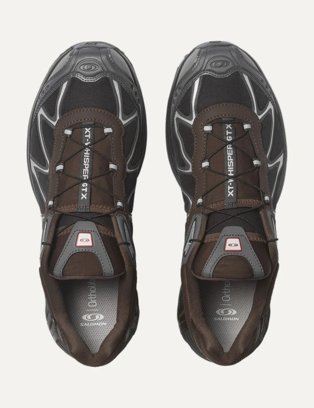 Salomon men XT-Whisper Gore-Tex black and dark brown sneakers with silver details top view