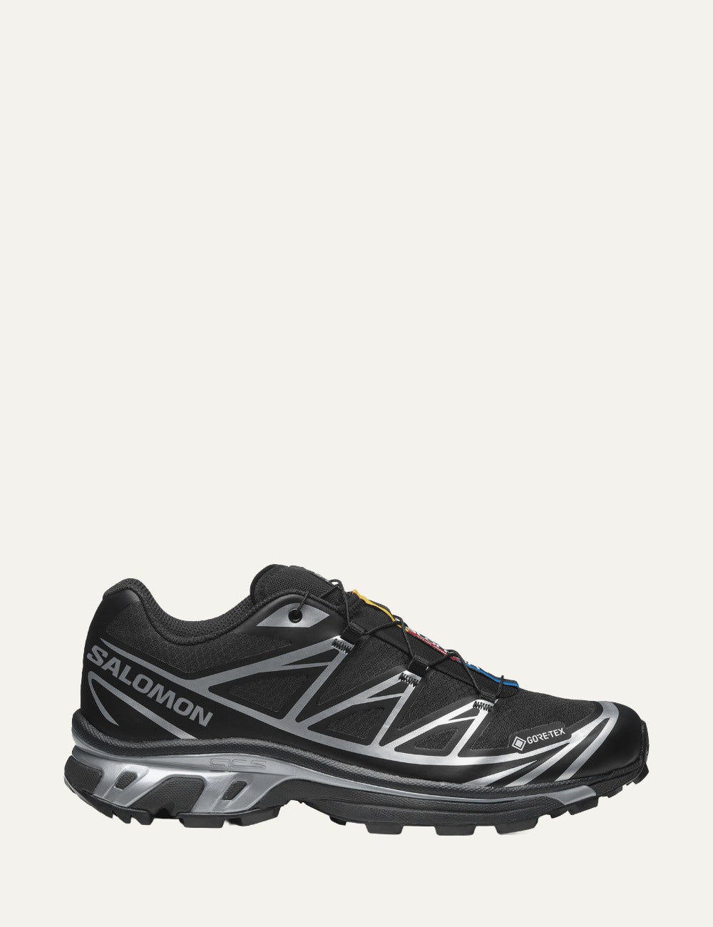 Salomon unisex XT-6 Gore-Tex black sneakers with silver details side view