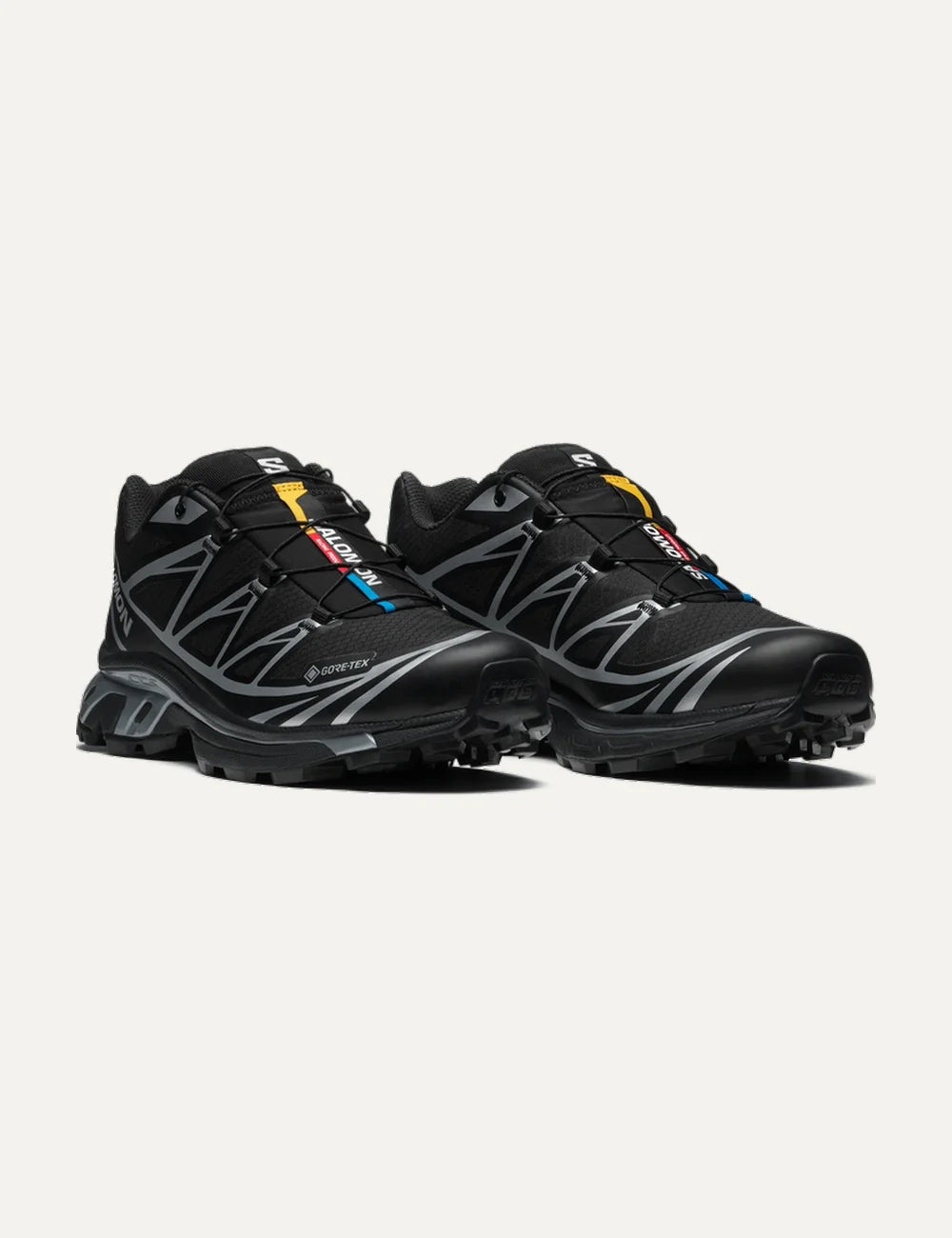 Salomon unisex XT-6 Gore-Tex black sneakers with silver details front angle pair view