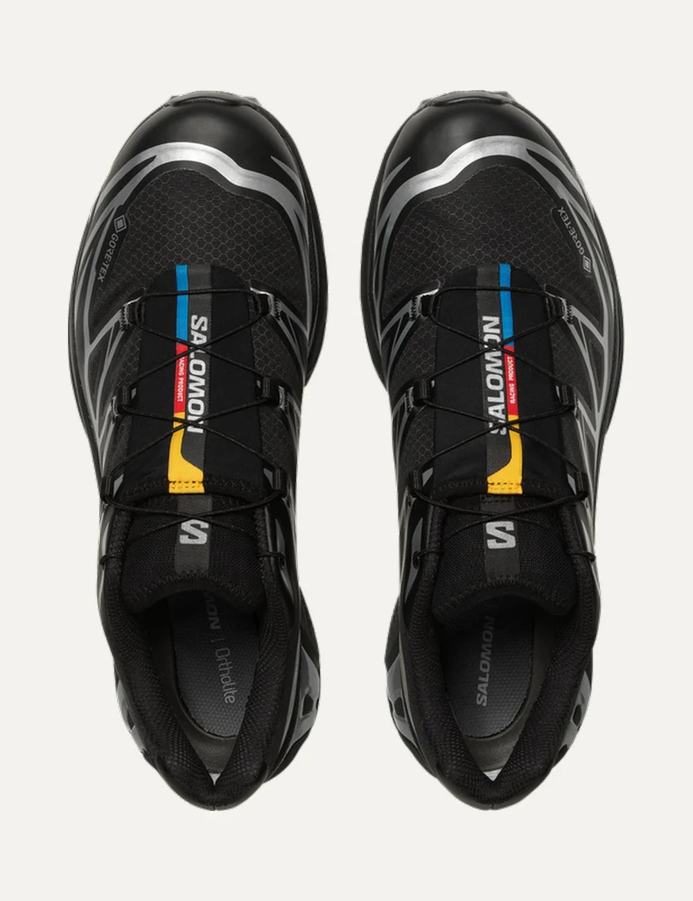 Salomon unisex XT-6 Gore-Tex black sneakers with silver details top view