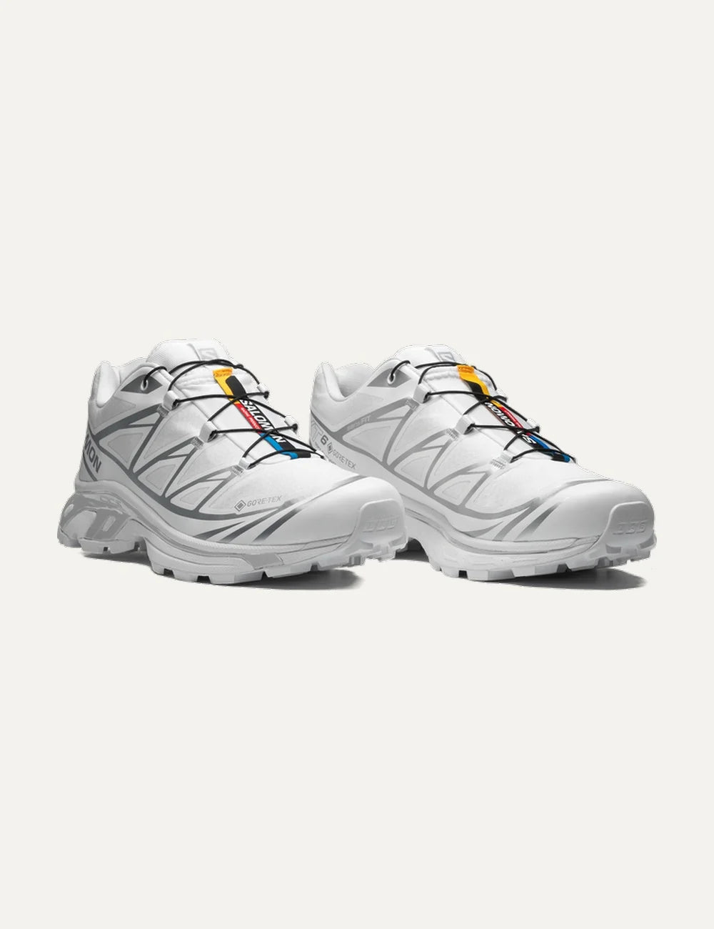 Salomon unisex XT-6 Gore-Tex white sneakers with silver details front angle pair view
