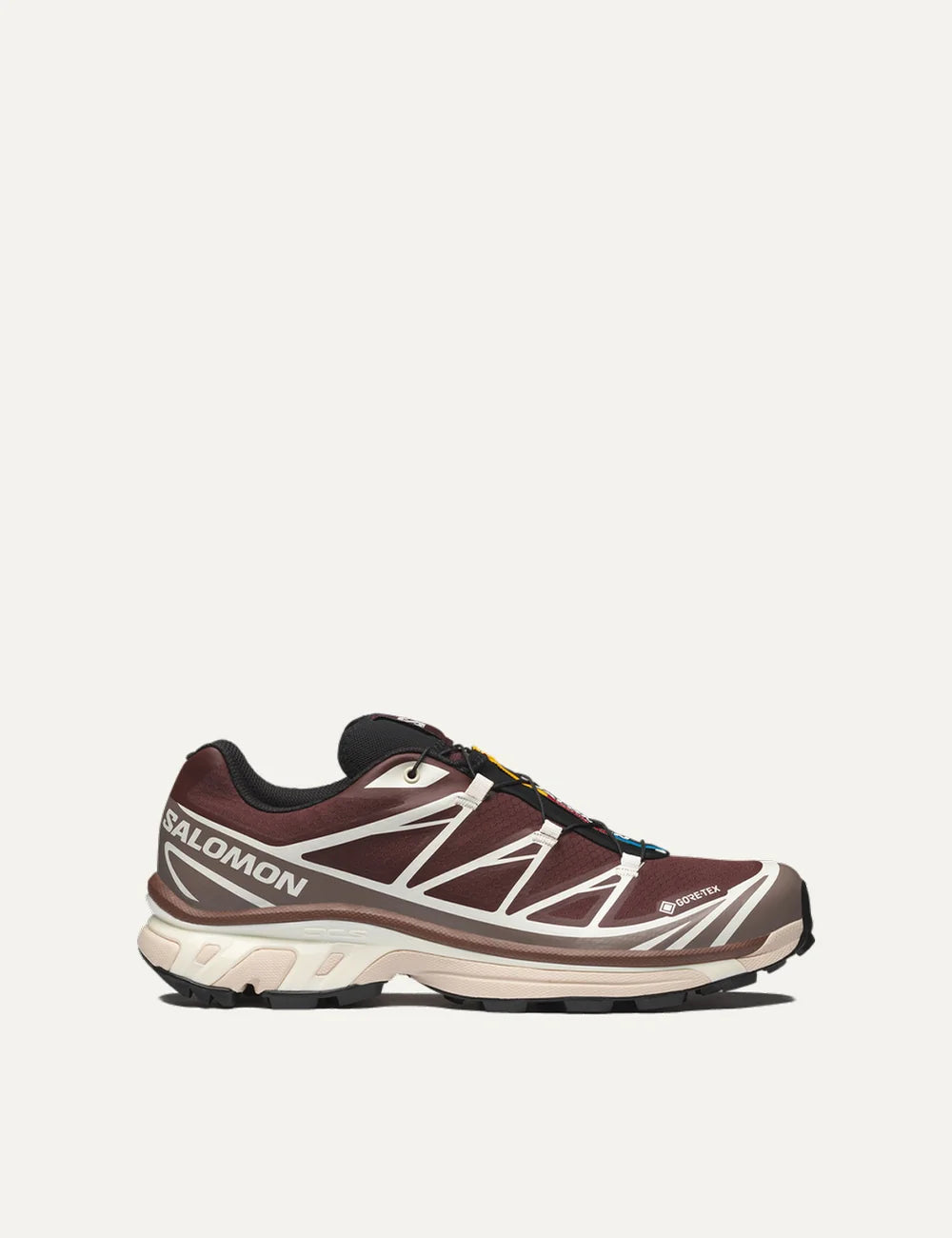Salomon unisex XT-6 Gore-Tex burgundy and cream sneakers with brown details side view