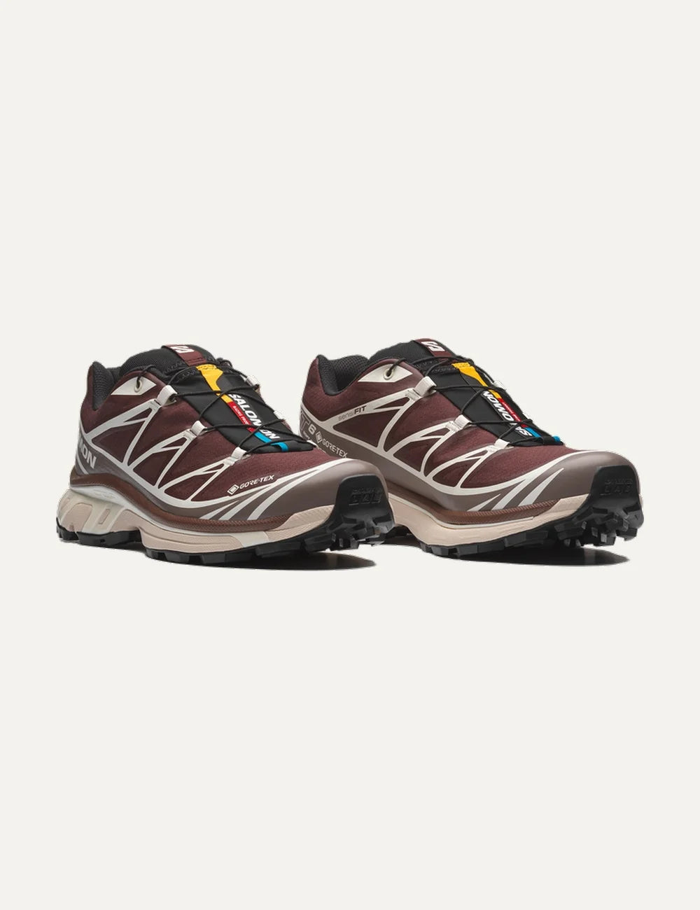 Salomon unisex XT-6 Gore-Tex burgundy and cream sneakers with brown details front angle view
