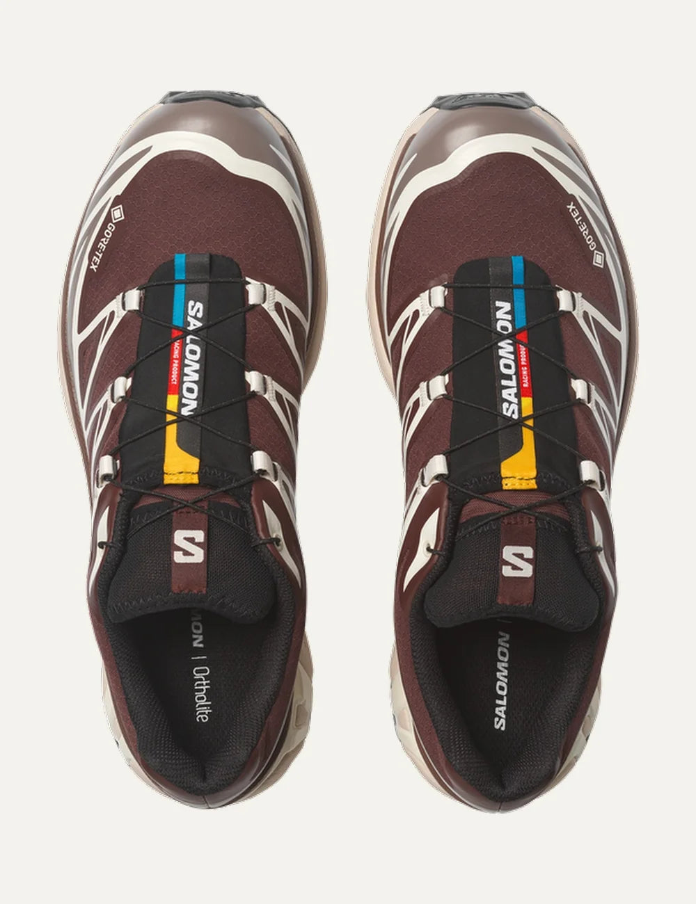 Salomon unisex XT-6 Gore-Tex burgundy and cream sneakers with brown details top view