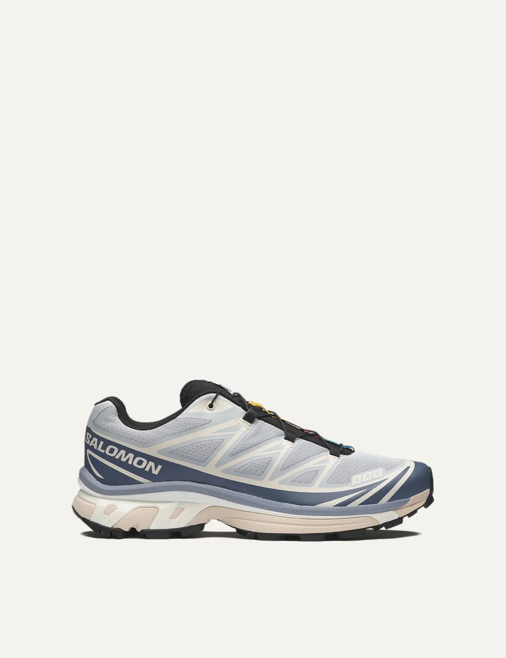 Salomon unisex XT-6 light blue and cream sneakers with navy details side view