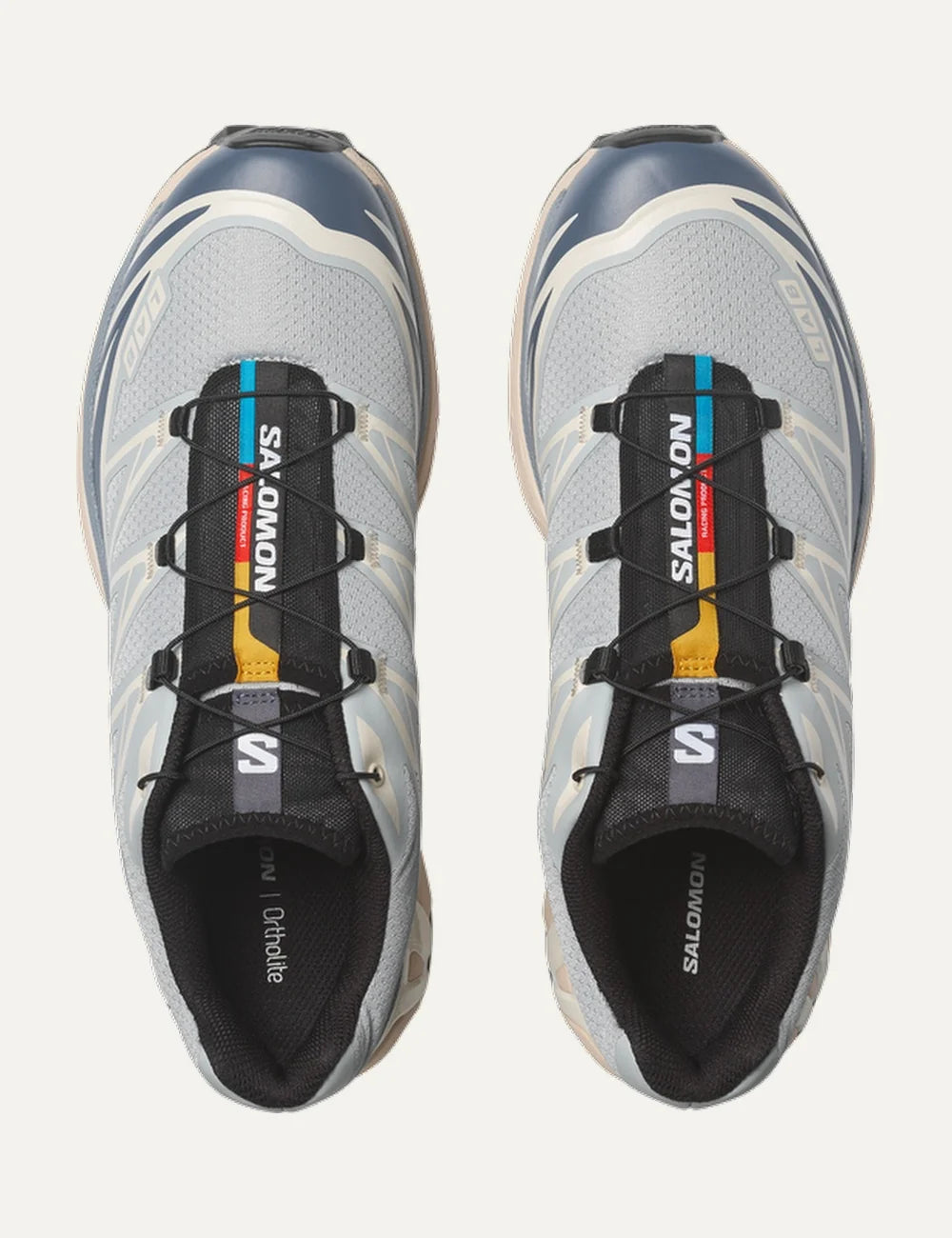 Salomon unisex XT-6 light blue and cream sneakers with navy details top view