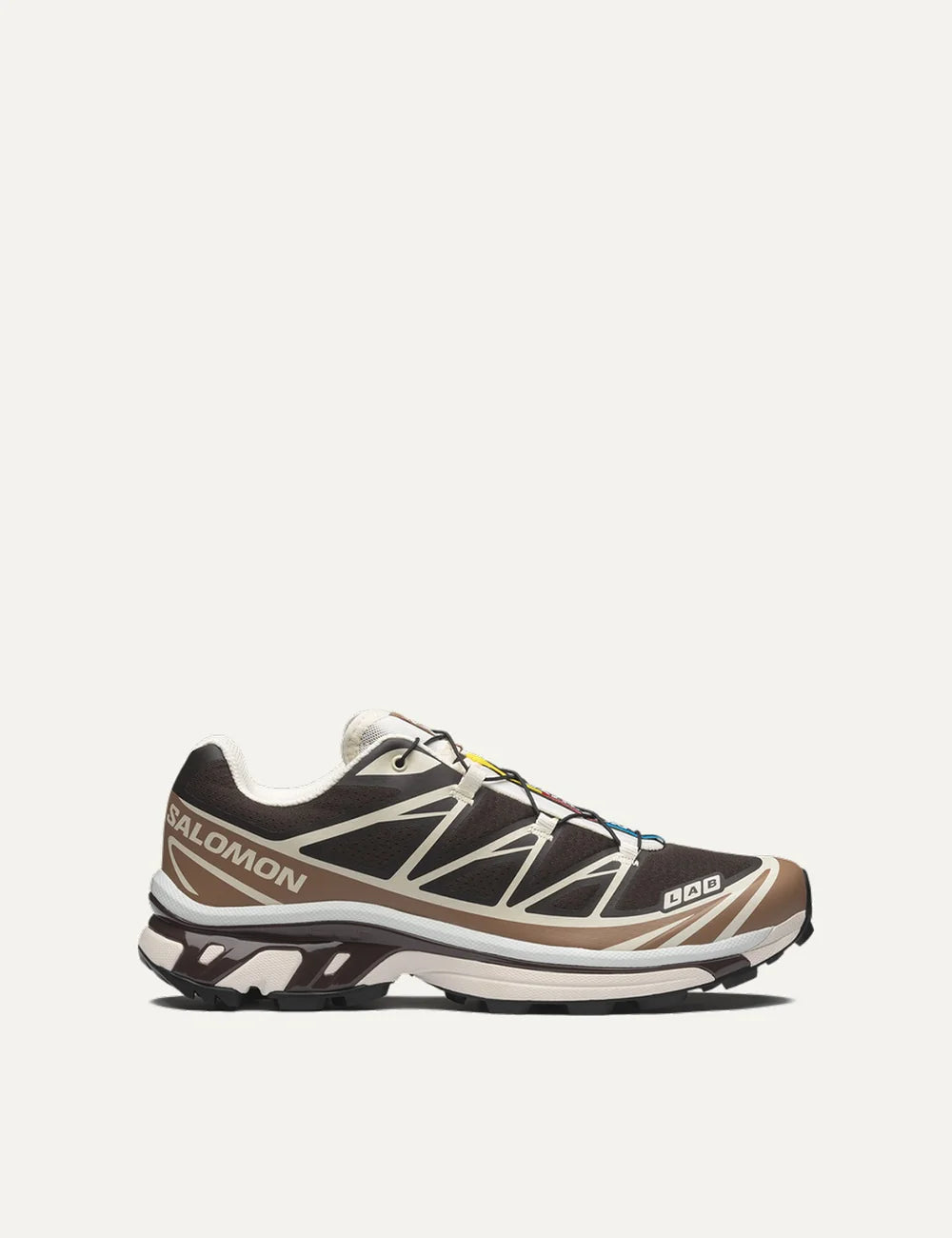 Salomon unisex XT-6 dark brown and beige sneakers with cream details side view