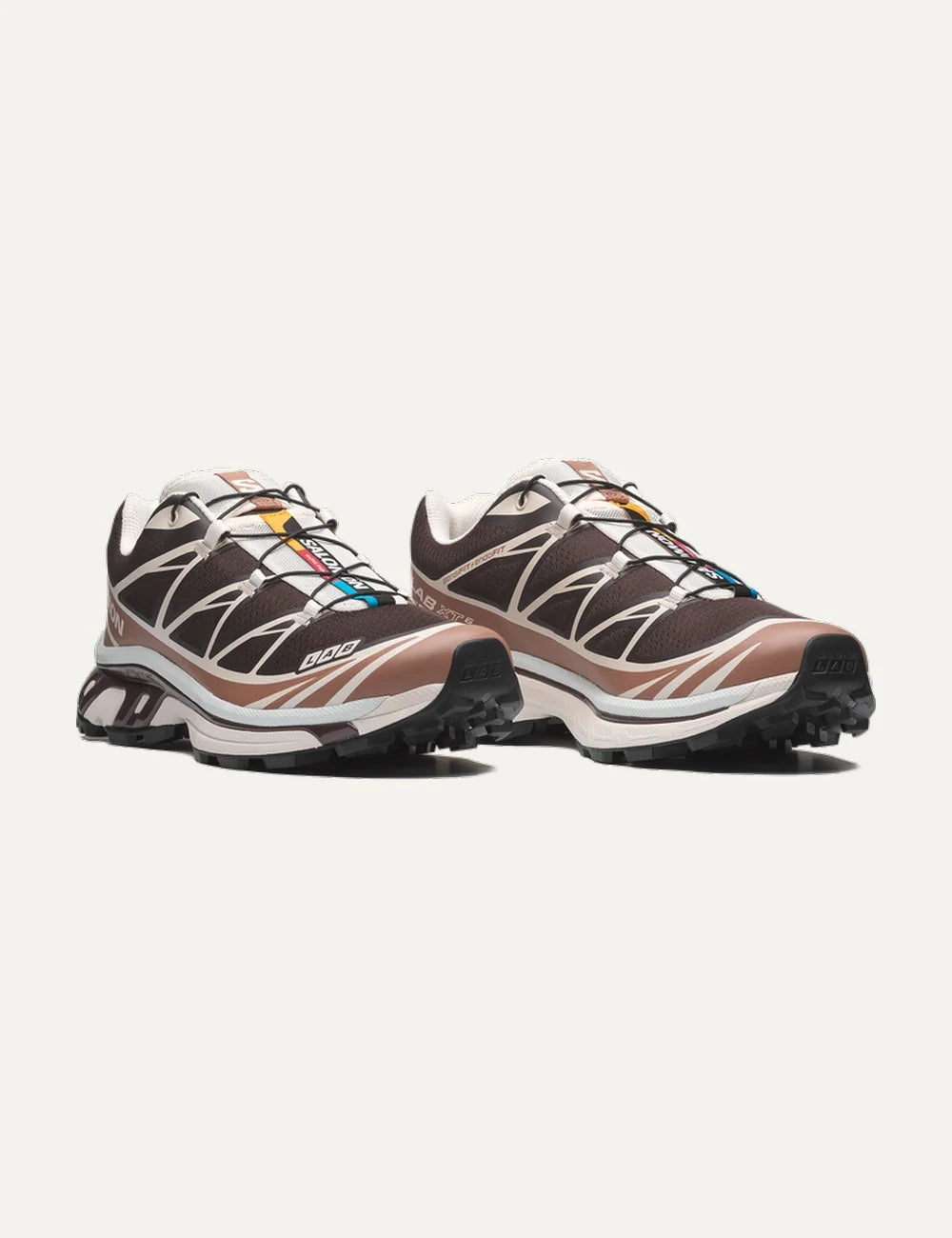 Salomon unisex XT-6 dark brown and beige sneakers with cream details front angle view