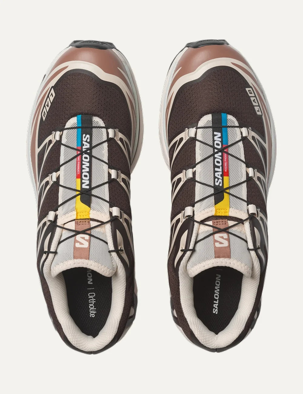 Salomon unisex XT-6 dark brown and beige sneakers with cream details top view