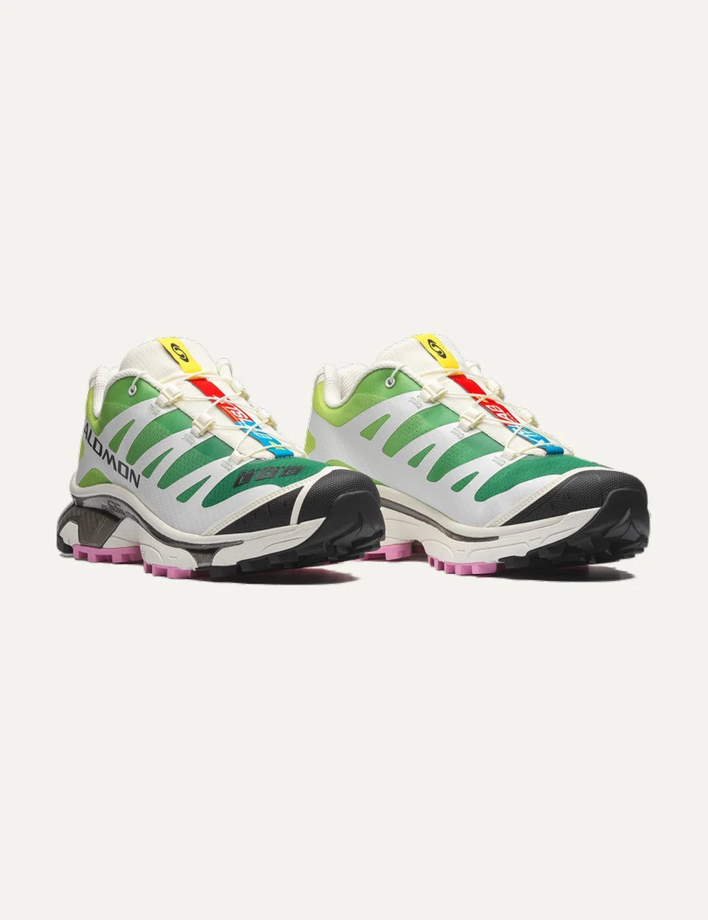 Salomon women XT-4 OG white and green sneakers with pink and black details front angle view