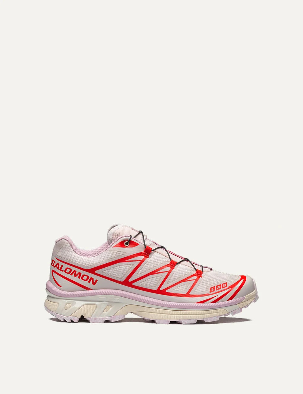 Salomon women XT-6 Nostalgia white and pink sneakers with red details side view