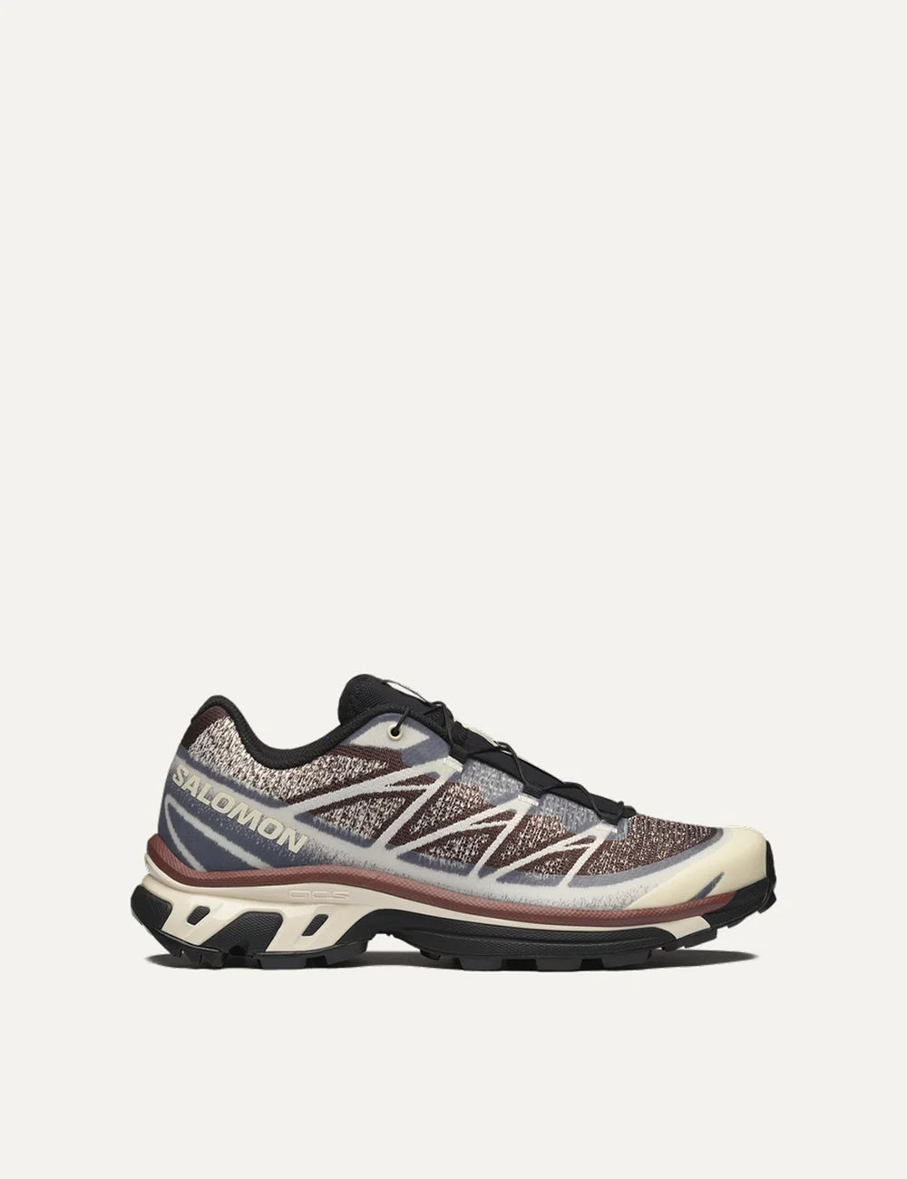 Salomon women XT-6 Shadow brown and cream sneakers with jacquard mesh and black details side view